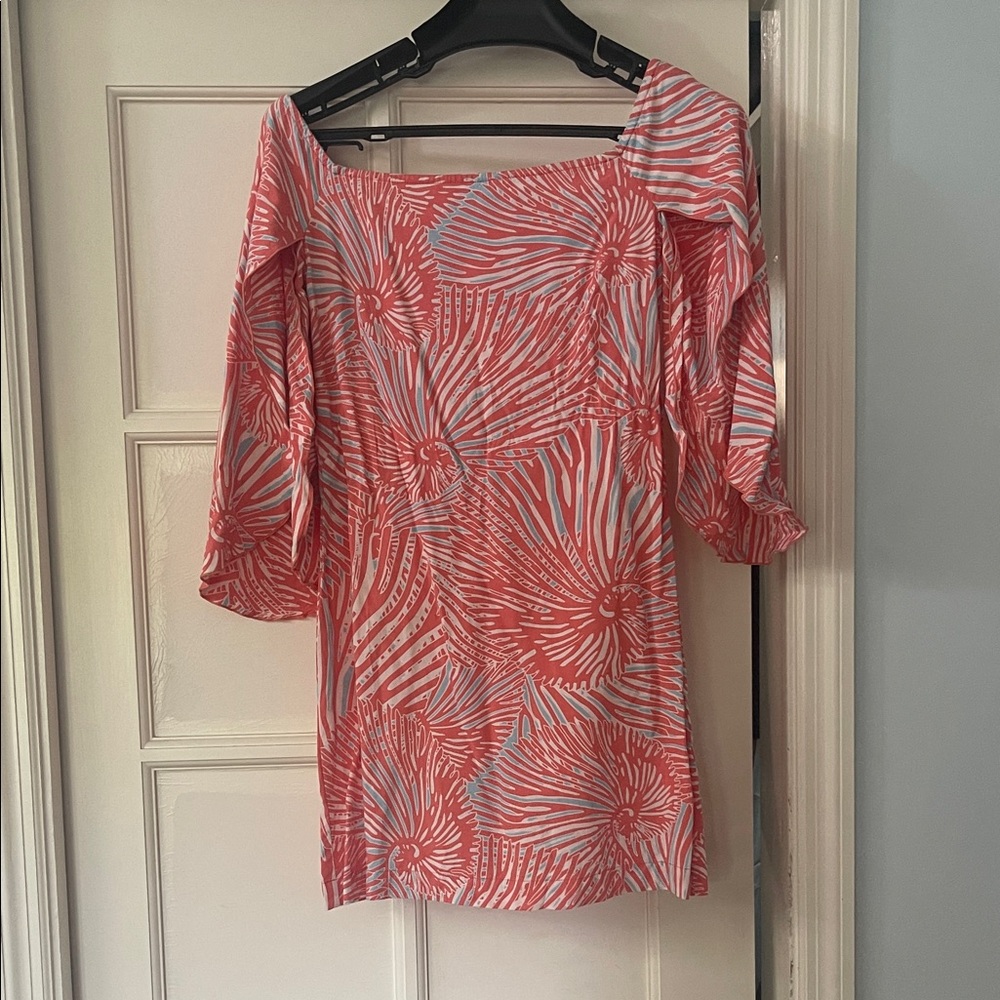 Coral and White Patterned Off-Shoulder Dress